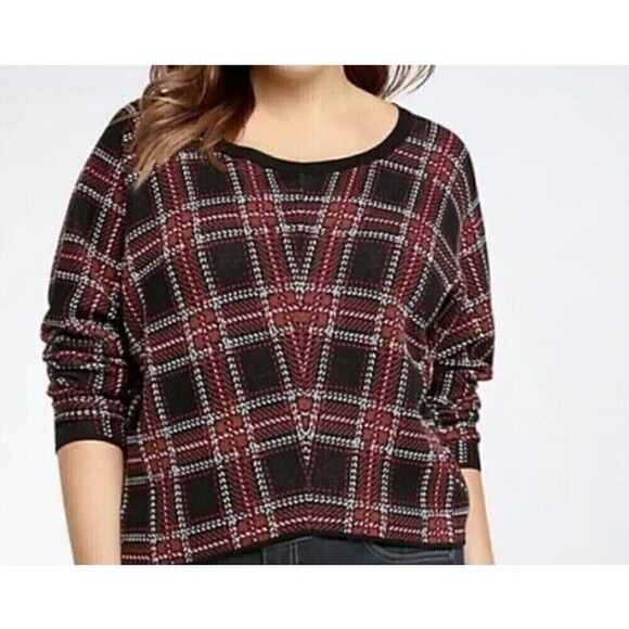 Torrid 2 Red Black Plaid Jacquard Pullover Crew Neck Cropped Sweater 2X - Picture 1 of 9